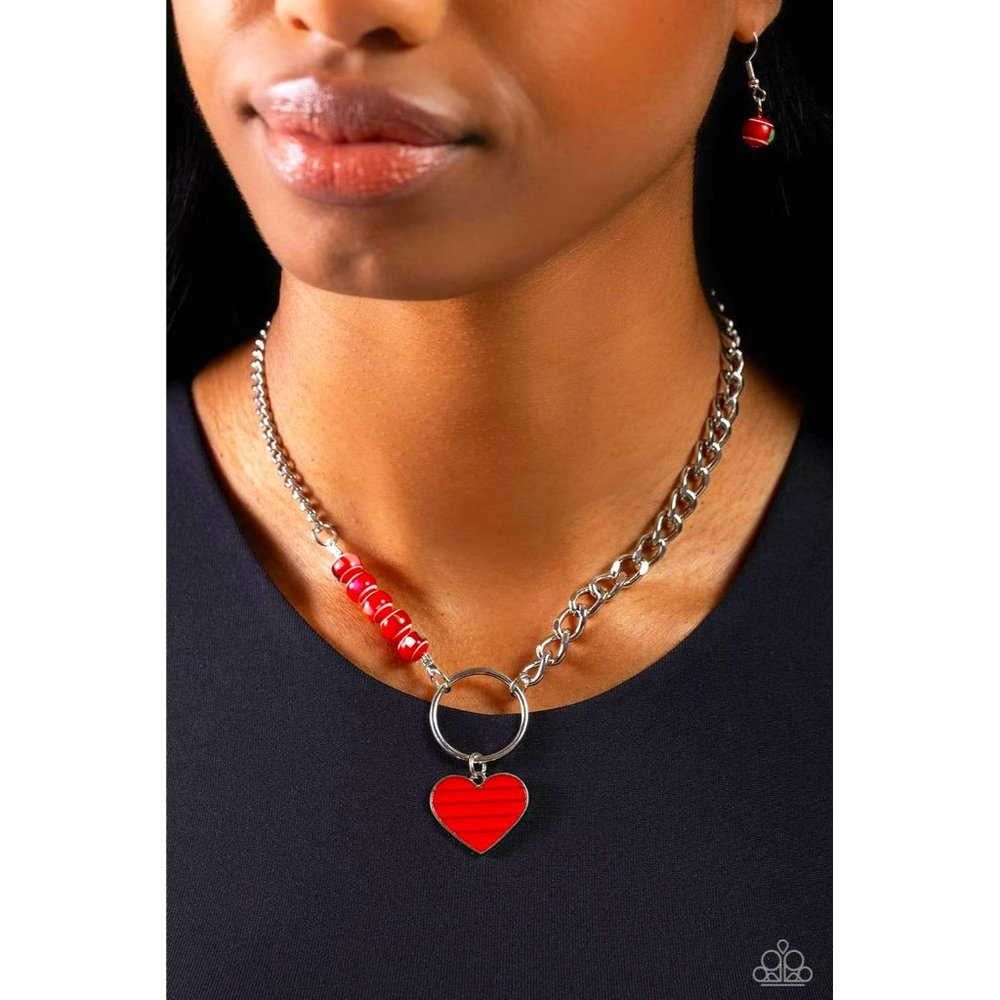 Silver Heart Pearl Red Pendant Necklace